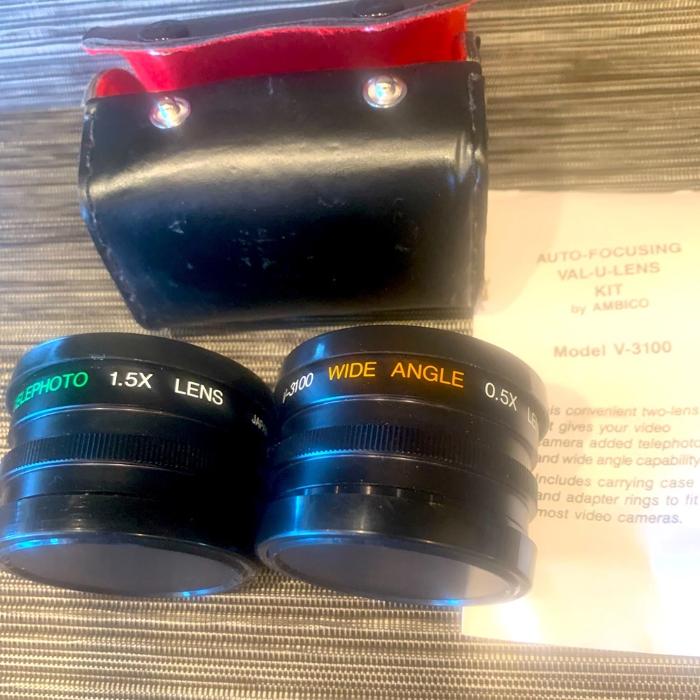 Ambico Video Lens V-3100, Telephoto 1.5X and Wide Angle 0.5X with case, Japan